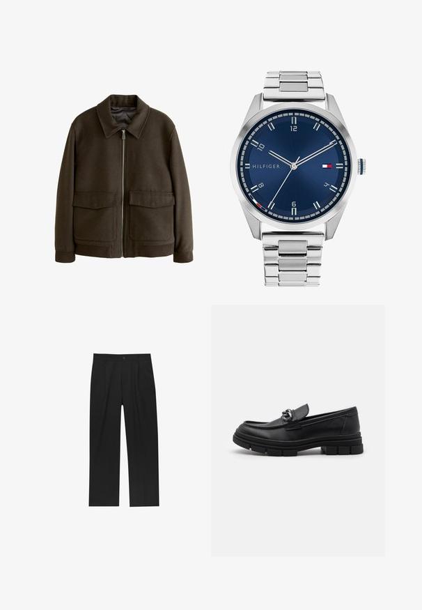 Brown wool-blend jacket featuring a zip front, spread collar, two large front pockets, and ribbed cuffs and hem. Smooth interior lining.; Set of eight black cotton t-shirts with short sleeves and crew necks, featuring a plain design and a soft texture.; Black pants with a straight-leg design, made from a smooth fabric. Features front pleats and a single button closure at the waist.; Black leather loafer with a rounded toe, a decorative strap and hardware, and a chunky textured sole. Smooth finish with subtle detailing.; Silver metal watch with a brushed blue dial, white hour markers, and a date display. Features a linked metallic band and brand logo.