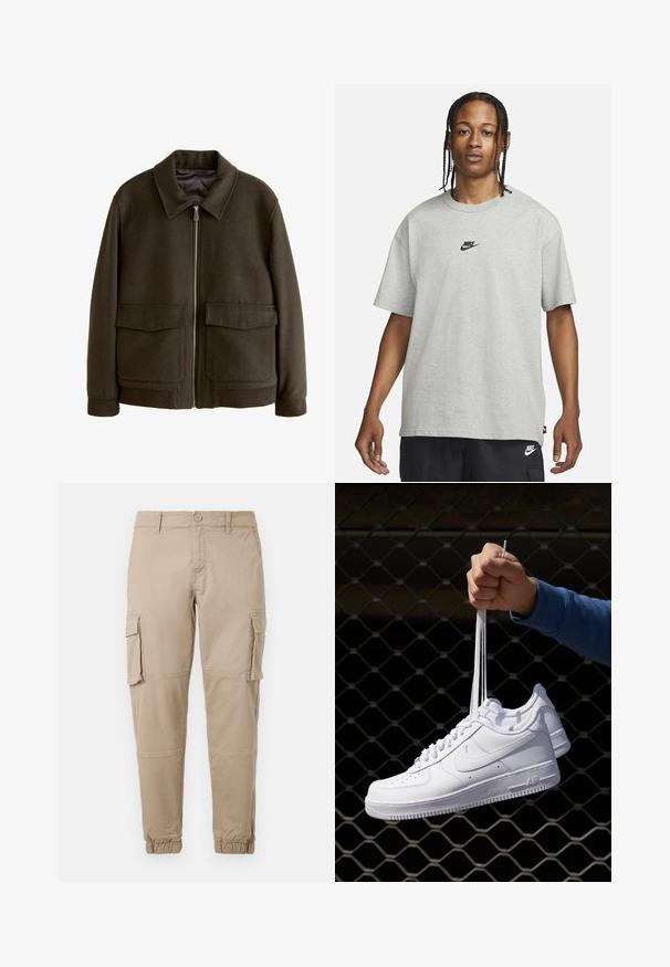Barna gyapjúkeverék dzseki zipzárral elöl, széles gallérral, két nagy elülső zsebbel, valamint bordázott mandzsettával és aljjal. Simább bélés.; Fiatal, fonott hajú személy világosszürke Nike pólót és fekete Nike rövidnadrágot visel, egy sima fehér háttér előtt.; Beige színű cargo nadrág könnyű pamut anyagból. Rugalmas mandzsettákkal, több oldalsó zsebbel és gombos záródással rendelkezik.; Fehér bőr sportcipők perforációval, kerek orral, lapos talppal és vastag fűzőkkel, látható swoosh logóval és "AIR" felirattal a sarokrészen.