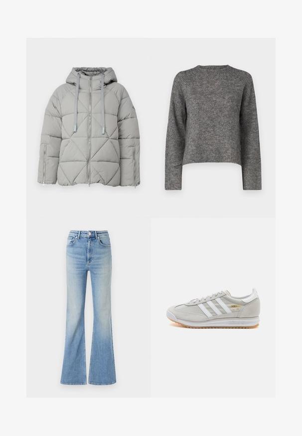 Pilkas pūkinis švarkas su siuvinėta struktūra, kapuce, dviem užtrauktukais užsegamomis kišenėmis ir kontrastingomis šniūromis; turi lygią tekstūrą ir tvirtą formą.; Pilkas megztinis su ilgomis rankovėmis, apvalia iškirpte ir laisvu siluetu. Faktūrinis audinys ir trumpas ilgis. Jokių papildomų detalių.; Šviesiai mėlyni plačios kojų džinsai, pagaminti iš džinsinio audinio, su aukštu liemeniu, penkių kišenių dizainu ir subtiliu gradientiniu blukimu link apačios.; Šviesiai pilki sportbačiai, pagaminti iš zomšos ir tinklinės medžiagos, su trimis baltais dryžiais, apvaliu pirštu ir guma padu. Auksinė logotipo detalė šalia raištelių.