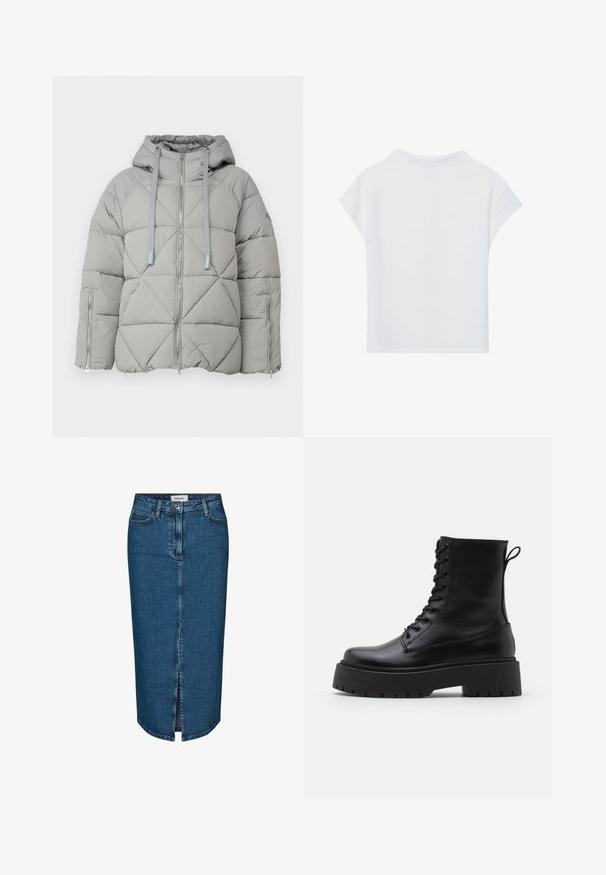 Szürke, steppelt dizájNNal készült pufijakó, kapucnival, két cipzáras zsebbel és kontrasztos zsinórral; sima textúrával és formázott formával rendelkezik.; Fehér, rövid ujjú felső, amely laza szabású, könnyű anyagú és kerek nyakú. A hátoldali nézet sima, egyszerű dizájnt mutat.; Sötétkék farmer ceruzaszoknya, elülső hasítékkal, öt zsebbel és kontrasztos varrással. Közepes derékmagasság, klasszikus dizájn.; Fekete bőr bokacsizma, kerek orral, fűzős elülső résszel és vastag, texturált gumitalppal. Húzófül hátul.