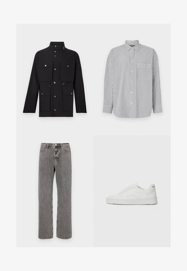 Černá bunda s vysokým límcem, několika předními kapsami, stříbrnými patentkami a regulovatelnými šňůrkami v pase a kapuci.; Pruhovaná košile na knoflíky v černé a bílé barvě, s dlouhými rukávy, klasickým límcem a náprsní kapsou s horizontálními pruhy.; Šedé denimové džíny s rovnými nohavicemi, pěti-kapsovým designem a knoflíkovým zapínáním v pase. Diskrétní zesvětlená textura po celém povrchu.; Bílé kožené tenisky s hladkým povrchem, kulatou špičkou, plochými tkaničkami a texturovanou podrážkou. Na patě se nachází nenápadné logo.