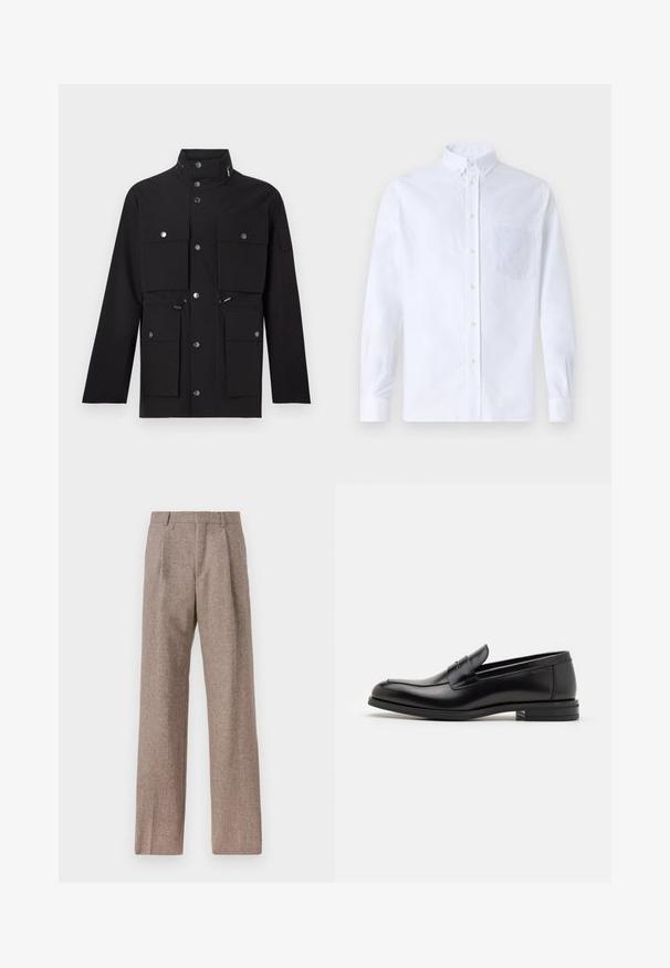 Musta takki, jossa on korkea kaulus, useita etutaskuja, hopeiset nepparit sekä säädettävät kiristysnyörît vyötäröllä ja hupussa.; Valkoinen pitkähihaista napillista paitaa, joka on valmistettu puuvillasta. Paita sisältää rinnan kohdalla taskun, jossa on samaa sävyä oleva brodeeraus, kauluksen sekä napilliset hihansuut.; Ruskejat, korkeavyötäröiset housut, jotka on valmistettu teksturoidusta kankaasta. Ominaisuuksina ovat leveät lahkeet ja kaksi etupuolelle ommeltua laskosta rakenteen tukemiseksi. Siisti viimeistely ilman näkyvää metalliosaa.; Mustat nahkakengät, joissa on sileä pinta, pyöreä kärki ja koristeellinen nauha jalkapöydän yli. Matala pinoitu koroke, minimalistinen muotoilu.