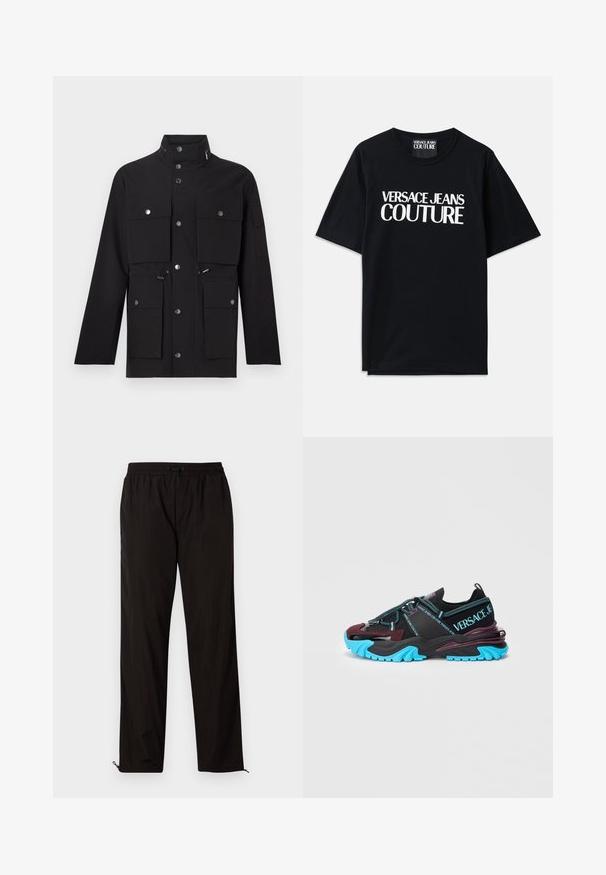 Schwarze Jacke mit hohem Kragen, mehreren vorderen Taschen, silbernen Druckknöpfen und verstellbaren Kordeln in der Taille und an der Kapuze.; Schwarzes Baumwoll-T-Shirt mit kurzen Ärmeln, das auf der Vorderseite den großen weißen Text "VERSACE JEANS COUTURE" trägt. Klassisches Rundhalsdesign.; Schwarze leichte Hose mit elastischem Bund, Kordelzugverschluss und Reißverschluss am Saum für eine verstellbare Passform. Glatte, elegante Textur.; Schwarze und burgunderfarbene Sneaker mit strukturiertem Obermaterial, kontrastierender türkisfarbener Sohle und Neonakzenten. Verfügt über eine Schnürung und Branding.