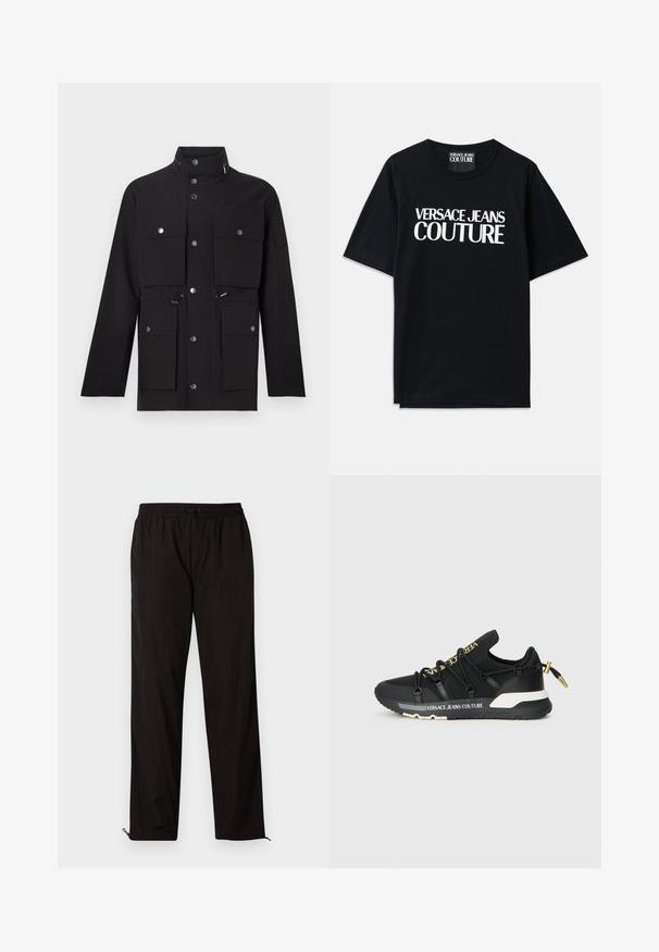 Crna jakna s visokim ovratnikom, višestrukim prednjim džepovima, srebrnim dugmadi na preklop i podesivim uzicama u struku i kapuljači.; Crna pamučna majica s kratkim rukavima s velikim bijelim natpisom "VERSACE JEANS COUTURE" sprijeda. Klasični dizajn s okruglim izrezom.; Crne lagane hlače s elastičnim pojasom, zatvaranjem na vezicu i patentnim zatvaračima na rubovima za podesiv fit. Glatka, elegantna tekstura.; Crne atletske tenisice s elegantnim dizajnom, koje sadrže zlatni brend, elastične vezice i teksturiranu potplat s bijelim akcentima.