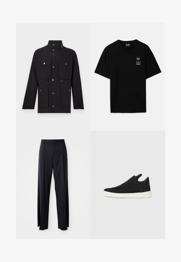 Giacca nera con colletto alto, numerose tasche frontali, bottoni a pressione argentati e cordini regolabili in vita e sul cappuccio.; T-shirt nera in cotone con maniche corte, collo a giro e un piccolo etichetta con logo sul davanti che presenta simboli di cura bianchi.; Pantaloni neri a vita alta con gamba larga, realizzati in tessuto liscio. Presentano pieghe frontali e passanti per cintura. Design minimalista, senza hardware visibile.; Sneaker in suede nero con suola in gomma bianca, caratterizzato da cuciture tonali e design con lacci. Texture liscia con una forma moderna e aerodinamica.