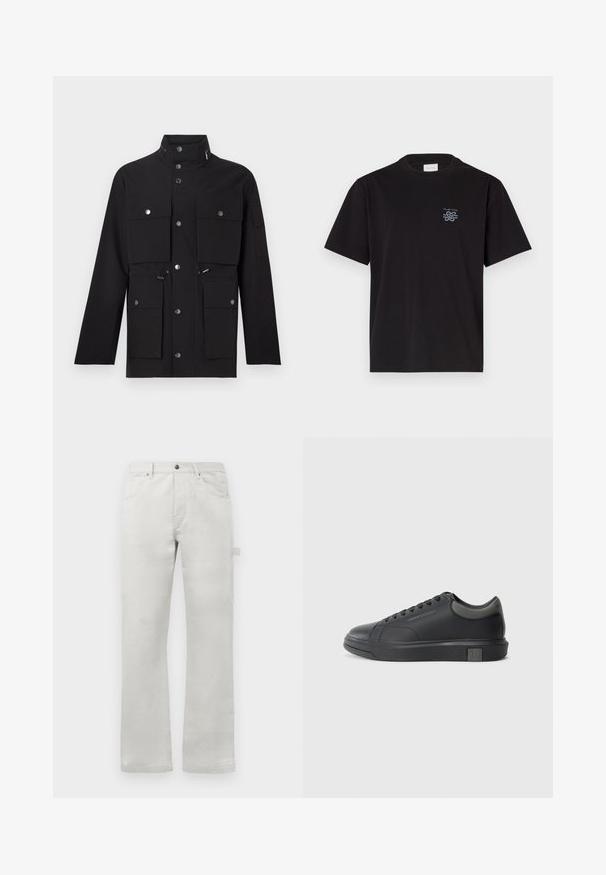 Black jacket featuring a high collar, multiple front pockets, silver snap buttons, and adjustable drawstrings at the waist and hood.; Black cotton t-shirt with a crew neck and short sleeves. Features a small blue logo on the left chest. Simple, straight-cut design.; Light gray trousers with a straight fit, made of smooth cotton fabric, featuring front pockets and a side cargo pocket.; Black leather sneaker with a smooth finish, rounded toe, and dark grey accents. Features lace-up design and textured rubber sole.