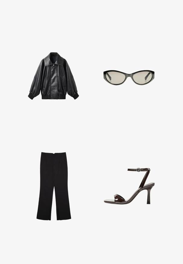 Giacca bomber in pelle nera con un ampio colletto, chiusura frontale con zip e polsini elastici. Presenta maniche a sbuffo e tasche laterali. Texture liscia.; Top nero a maniche corte realizzato in un tessuto morbido, con scollatura rotonda e orlo svasato con dettagli di cucitura discreti.; Pantaloni neri a gamba dritta, con tasche frontali e spacchi laterali all'orlo. Realizzati in tessuto morbido e liscio. Adatti a diverse occasioni.; Sandalini con tacco alto in pelle verniciata marrone, con cinturino alla caviglia, punta aperta e un design elegante e minimalista. Presentano un tacco quadrato.; Occhiali da sole neri a forma di occhio di gatto con lenti grigie. La montatura in plastica presenta bordi affilati e una finitura liscia e lucida.