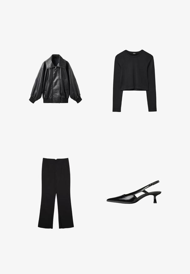 Schwarze Lederbomberjacke mit großem Kragen, Reißverschluss vorne und elastischen Bündchen. Ziemlich ausgepolsterte Ärmel und seitliche Taschen. Glatte Textur.; Schwarzes, langärmliges, kurz geschnittenes Oberteil mit Rundhalsausschnitt, schlichter Gestaltung und leicht abgerundetem Saum.; Schwarze Hose mit geradem Schnitt, ausgestattet mit Fronttaschen und Seitenschlitzen am Saum. Hergestellt aus weichem, glattem Stoff. Geeignet für verschiedene Anlässe.; Schwarze Lackleder-Slingback-High Heels mit spitzer Zehenform, ausgeschnittenem Seitendesign und kleinem Blockabsatz. Glatte Textur mit minimalen Akzenten.