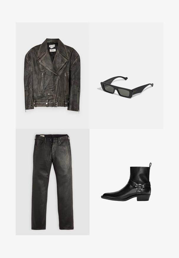 Dhruv Kapoor WASHED BIKER JACKET - Kožená bunda - grey; Bershka FUZZY - Svetr - dark grey; Černé tričko s dlouhým rukávem vyrobené z bavlny, s kulatým výstřihem a rovnýmsilou, s malým logem na rukávu.; Černé džíny z denimu s rovnými nohavicemi, vybavené knoflíkovým a zipovým uzávěrem, pěti kapsami a hladkou texturou.; Černá kožená kotníková bota s špičatou špičkou, dekorativním páskem a detailním kulatým sponou, a nízkým podpatkem. Hladká textura s minimem švů.; Černé obdélníkové sluneční brýle s tmavými skly, vyrobené z hladkého plastu. Mají zlaté písmo na boku, štíhlé nožičky a moderní design.; Tmavě modrý vlněný šátek s třásněmi na koncích a nenápadným vyšívaným logem v oranžové barvě. Hladká textura, obdélníkový tvar a minimalistický design.