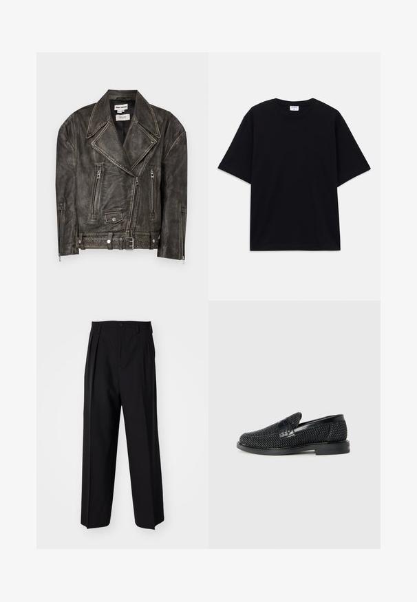 Dhruv Kapoor WASHED BIKER JACKET - Nahkjakk - grey; Must t-särk, lühikeste varrukatega, üle mõõdu, ümmarguse kaelusega ja nähtava Filippa K brändi sildiga kaelas.; Mustad volditud püksid sirge ja laia säärega disainiga. Valmistatud siledast kangast, millel on nuppudega sulgemine ja vööaasad.; Must musta kootud slip-on king, millel on pehme nahast accent ülaserval, ümmargune varvas ja madal profiiliga kummitald.