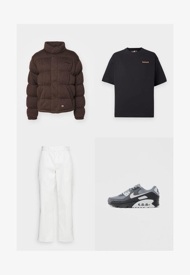 Casaco acolchoado castanho com gola alta, apresentando secções matelassadas e punhos canelados. Inclui detalhe do logótipo no peito e na bainha.; Camiseta preta de mangas curtas e com decote redondo da Timberland, com um pequeno logótipo castanho no lado superior esquerdo do peito, apresentada sobre um fundo branco.; Calças de algodão brancas com um design de perna reta, passadores para cinto e bolsos laterais, com uma textura suave e detalhes mínimos.; Ténis cinza com uma combinação de malha e camurça, com sola preta e unidade de ar visível. Destacam-se os detalhes em cinza claro e os atacadores.