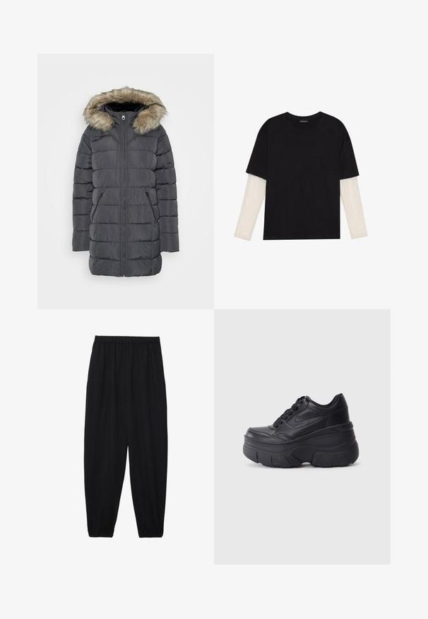 Vero Moda Tall VMLIV szary; Czarny T-shirt wykonany z bawełny, z krótkimi rękawami na białej warstwie z długim rękawem z delikatnym teksturowanym wzorem. Projekt z okrągłym dekoltem.; Czarne, lekkie spodnie z elastycznym pasem i ściągaczami na kostkach. Materiał jest gładki i ma luźny, zwężany krój.; Czarne sznurowane trampki z masywną podeszwą, z gładkim skórzanym wierzchem, zaokrąglonym noskiem i wyraźnym, warstwowym designem platformy.