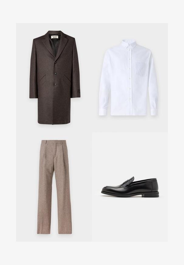 Cappotto in misto lana marrone con rever su misura, tre bottoni e due tasche laterali, dotato di una fodera interna liscia e dettagli di design minimi.; Camicia bianca a maniche lunghe con bottoni, realizzata in cotone, caratterizzata da una tasca sul petto con ricamo tonale, colletto e polsini con bottoni.; Pantaloni marroni a vita alta realizzati in tessuto testurizzato. Presentano gambe ampie e due pieghe frontali per struttura. Rifinitura curata senza hardware visibile.; Mocassini neri in pelle con una texture liscia, punta arrotondata e una striscia decorativa sulla tomaia. Tacco basso impilato, design minimalista.