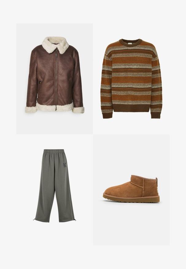 Brūns ādas jakas ar baltu mākslīgo kažoku apkakli un aprocēm. Aprīkota ar priekšējo rāvējslēdzēju un sānu kabatu, izceļot teksturētu virsmu.; Solid SDMAXWELL - Džemperis - slate black; Karl Kani KK OS SIDESTRIPE - Auduma bikses - grey; Bēša zamšas potītes zābaks ar noapaļotu purngalu, smalkiem diegu dekorējumiem un teksturētu gumijas zoli. Īsa augstuma bez auklām.