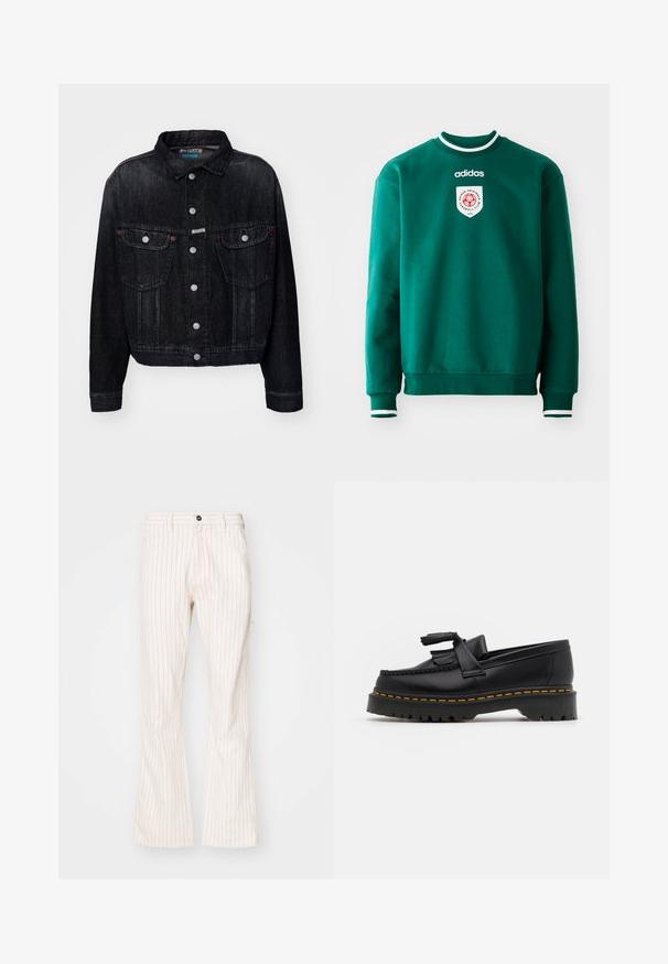 Black denim jacket featuring a collared neck, front snap buttons, two chest pockets, and red accents. The design is cropped with a classic fit.; Green sweatshirt with a crew neck, white accents at collar and cuffs, featuring a circular logo on the chest. Made of soft, textured material.; Cream-colored flared pants with vertical red pinstripes, featuring a button closure, side pockets, and a smooth textured fabric.; Black leather loafer with a tasseled accent, featuring a chunky black sole and yellow stitching along the edge. Textured finish.