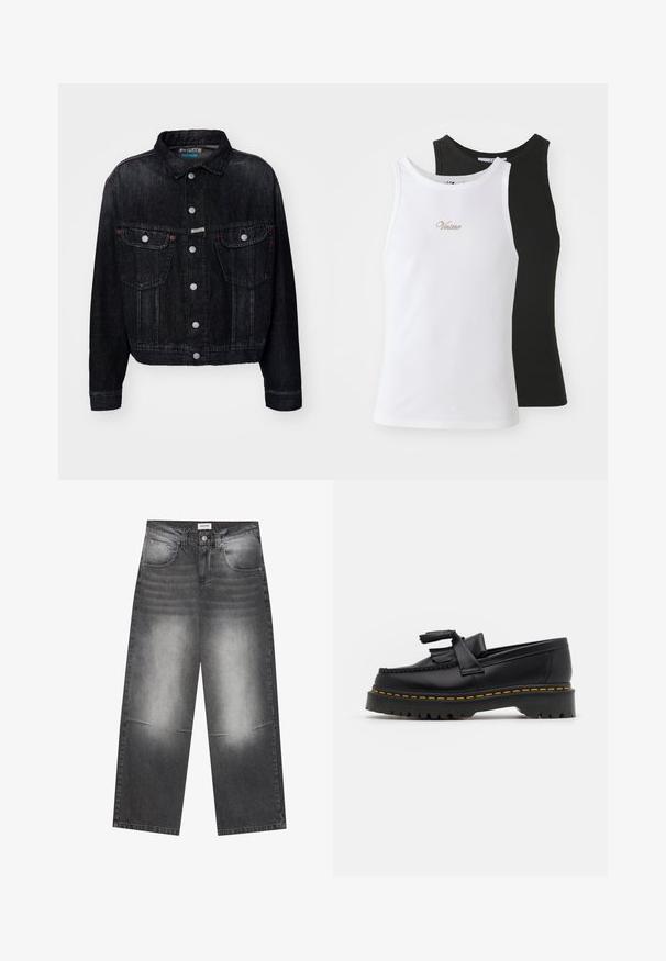 Black denim jacket featuring a collared neck, front snap buttons, two chest pockets, and red accents. The design is cropped with a classic fit.; White and black tank tops with a ribbed texture. The white top features gold embroidery with the word "Vetore."; Wide-leg black denim jeans with a faded gray finish, featuring front pockets, a button closure, and slight distressing on the knees.; Black leather loafer with a tasseled accent, featuring a chunky black sole and yellow stitching along the edge. Textured finish.