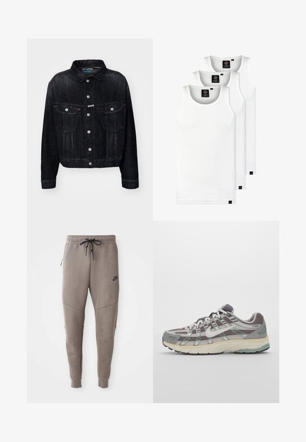 Melnas džinsa jakas ar apkakli, priekšējiem pogām un divām krūšu kabatām, kā arī sarkaniem akcentiem. Dizains ir īss un klasiskā griezumā.; Trīs baltas ribotas krūšturi, kas izgatavoti no kokvilnas. Iezīmēti ar apaļu kakla izgriezumu un maziem melniem etiķetēm tuvu apakšmalai. Pieejami vairākos izmēros.; Pelēki Nike sporta bikses ar aukliņu viduklī, sašaurinātiem galiem, sānu kabatām un izteiktām šuvēm. Mīksta, teksturēta auduma.; Pelēkie sporta apavi ar tīkla un zamša augšdaļu, baltiem akcentiem, mīkstinātu zoli un izcilu dizainu ar atstarotājiem.