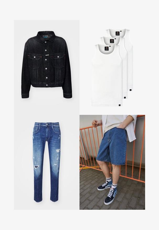 Chaqueta de denim negra con cuello clásico, botones a presión en el frente, dos bolsillos en el pecho y detalles en rojo. El diseño es corto con un corte clásico.; Tres camisetas sin mangas de algodón de color blanco con canalé. Cuentan con cuello redondo y pequeñas etiquetas negras cerca del dobladillo. Disponibles en múltiples tamaños.; Jeans de denim azul oscuro con detalles desgastados, diseño de cinco bolsillos y un ligero desvanecimiento. Corte recto con un dobladillo limpio.; Pantalones cortos de mezclilla en azul, a la altura de la rodilla, con un bolsillo delantero. Combinados con zapatillas altas en azul marino y azul, con cordones blancos y calcetines a rayas.