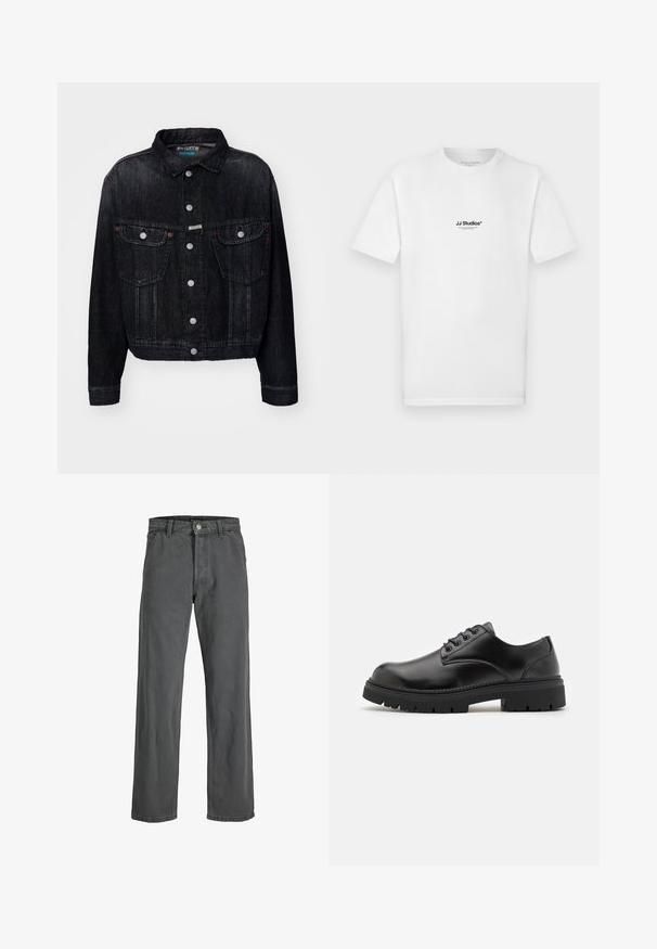 Juodas džinsinis švarkas su apykakle, priekiniais snapiniais mygtukais, dviem krūtinės kišenėmis ir raudonais akcentais. Dizainas yra trumpas, su klasikiniu siluetu.; Balti medvilniniai marškinėliai trumpomis rankovėmis ir apvalia iškirpte. Ant krūtinės yra mažas juodas „JJ Studios“ logotipas.; Tamsiai pilki platūs džinsai, pagaminti iš denimo. Yra priekinis mygtukas ir užtrauktukas, diržo kilpos ir klasikinis penkių kišenių dizainas.; Juodi odiniai bateliai su apvaliu nosiu, raištelių užsegimu ir storu, tekstūruotu guminėmis padais. Yra siuvinėjimas per kraštą ir lygus paviršius.