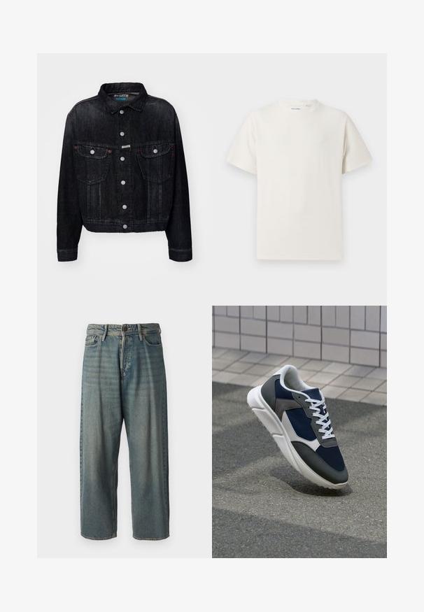 Black denim jacket featuring a collared neck, front snap buttons, two chest pockets, and red accents. The design is cropped with a classic fit.; White short-sleeve T-shirt in a ribbed texture. Round neckline, relaxed fit, no visible patterns or accents. Simple and versatile design.; Light blue denim jeans with a loose fit, mid-rise waist, and straight legs. Features five pockets, belt loops, and a button closure.; Sneaker featuring a navy blue mesh upper, gray suede accents, white rubber sole, and flat white laces, designed for comfort and breathability.