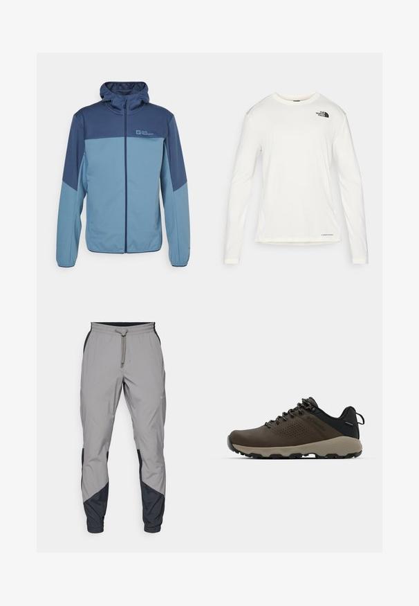 Jack Wolfskin FELDBERG - Softshelljacke - blue; Weißes Langarmhemd mit Rundhalsausschnitt, strukturierter Stoff, schwarzes Logo auf der linken Schulter und dezente Markenkennzeichnung am unteren Rand.; Leichte, graue Sporthosen mit schwarzen Akzenten. Elastischer Bund, Kordelzugverschluss, taillierte Beinform und Seitentaschen.; Braune wasserdichte Sneakers mit einer strukturierten Oberseite, perforierten Akzenten, schwarzem Fersenschutz und einer grauen Gummisohle. Die Schnürsenkel sind mit metallischen Enden gestaltet.