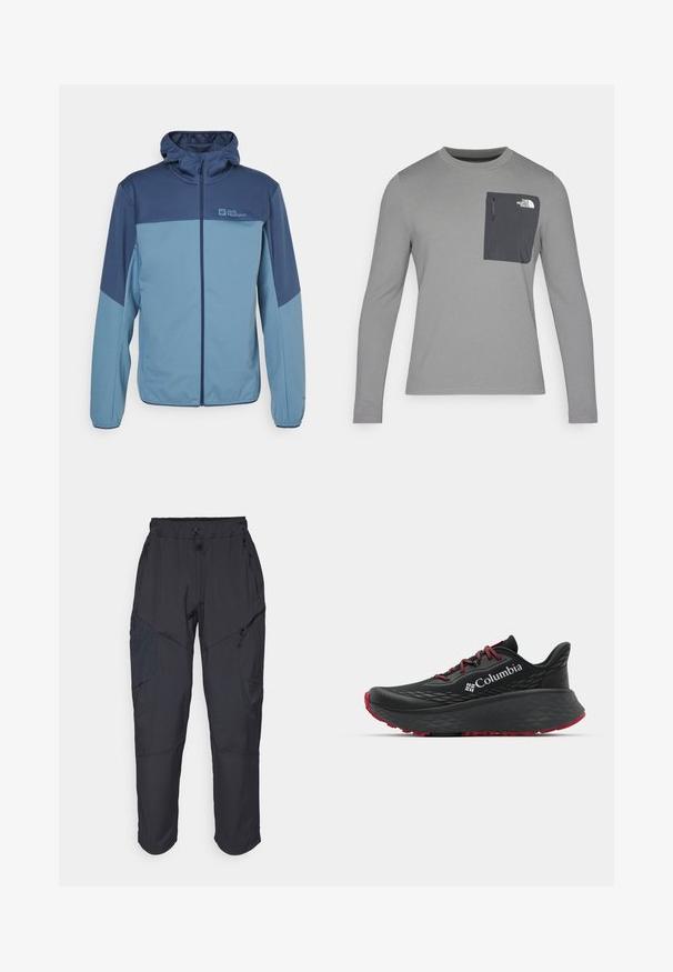 Jack Wolfskin FELDBERG - Softshelljacke - blue; Langärmliges graues Shirt aus strukturiertem Stoff, mit einer dunkelgrauen Brusttasche und einem Reißverschluss. Logo in Weiß auf der Tasche.; Schwarze Cargo-Hosen aus leichtem, wasserabweisendem Material; verfügen über einen elastischen Bund, mehrere Reißverschlusstaschen und schmal zulaufende Beine.; Schwarzer Sportschuh mit strukturiertem Obermaterial, roten Schnürsenkeln und Logo. Dicke Sohle mit strukturiertem Profil für Traktion. Minimalistisches Design, Seitenansicht.