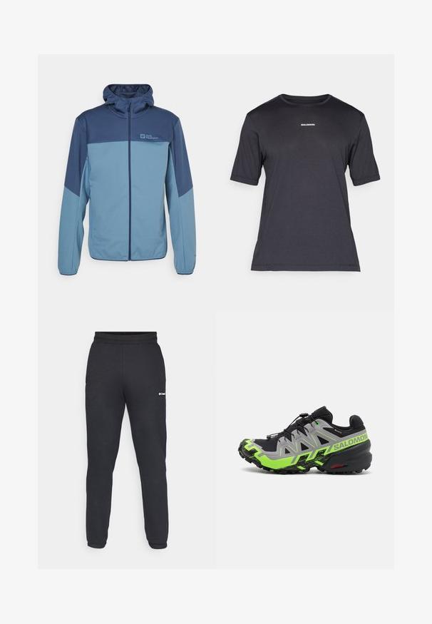 Jack Wolfskin FELDBERG - Soft shell jacket - blue; Black short-sleeve performance t-shirt made of breathable fabric, featuring a crew neckline and small white "SALOMON" logo on the chest.; Black sweatpants made of soft material, featuring a snug waistband and tapered legs. A small white logo is positioned on the left side.; Black and gray trail running shoe with bright green accents, featuring a textured sole, advanced lacing system, and rugged design.