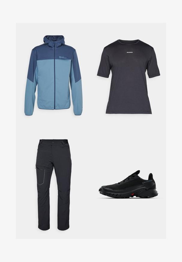 Jack Wolfskin FELDBERG - Softshelljas - blue; Zwarte korte mouwen performance t-shirt van ademend materiaal, met een ronde halslijn en een klein wit "SALOMON" logo op de borst.; Zwarte outdoorbroeken met een ritszak op de dij, een elastische tailleband en glad, waterafstotend materiaal. Schoon ontwerp zonder zichtbare logo's.; Zwarte sportieve schoenen met een textured bovenkant, ronde neus en een opvallende rubberen zool. Kenmerkt zich door een logo aan de zijkant en rode details op de zool.