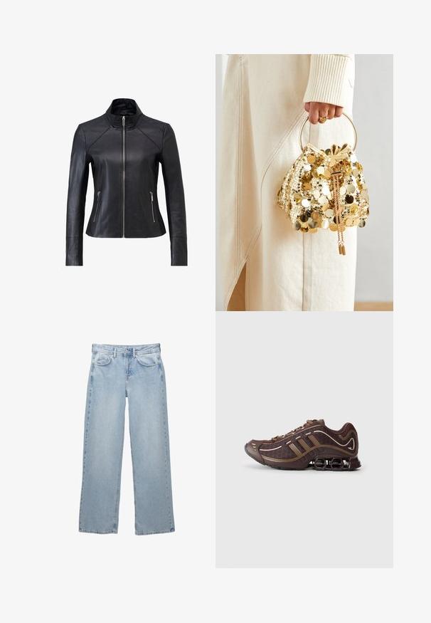 Schwarze Lederjacke mit Stehkragen, Frontreißverschluss und zwei seitlichen Reißverschlusstaschen. Besitzt ein tailliertes Design und eine glatte Textur.; Schwarzes Langarm-Oberteil aus weichem Stoff, mit einem drapierten Design, das eine überlappende Front und einen U-Boot-Ausschnitt aufweist. Geschmeidige Textur, cropped Länge.; Helleblaue Denim-Jeans mit weit geschnittenem Design, ausgestattet mit einem Knopf- und Reißverschluss, fünf Taschen und minimalen Nähten.; Brauner Sportschuh mit Mesh- und Synthetik-Obermaterial, mit drei Streifen, detaillierter Steppnaht, dämpfender Sohle und charakteristischem federndem Absatz.; Goldfarbene Drawstring-Handtasche mit einem runden Griff, verziert mit glänzenden runden Pailletten und einem strukturierten Stoff. Abmessungen sind nicht angegeben.