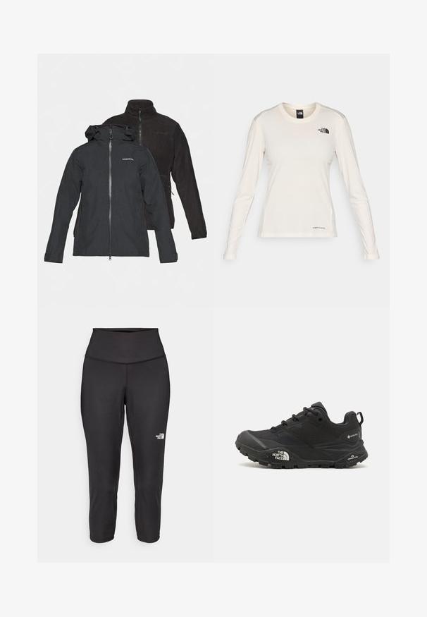 Juodas vandeniui atsparus džemperis su pritvirtintu kapišonu, priekyje su užtrauktuku ir logotipu. Už nugaros – juodas fliso džemperis su aukštu apykakle ir šoninėmis kišenėmis.; The North Face SHADOW LONG SLEEVE - Ilgarankovis viršutinės dalies drabužis - white dune; Juodos capri tipo leggingai, pagaminti iš tamprios medžiagos, su aukštu juosmeniu ir mažu baltu logotipu kairėje pusėje. Lygi tekstūra.; Juodas žygio batelis su tekstūruotu viršumi, su raištelių uždarymu ir storu guminiu padu, ant šono išryškintas logotipas ir raštiškai išpjauti modeliai.