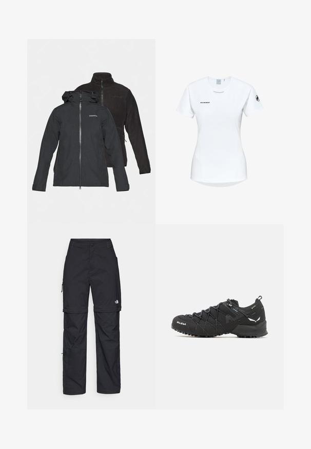 Czarna wodoodporna kurtka z przypinaną kapturem, z zamkiem z przodu i logo. Za nią czarna kurtka polarowa z wysokim kołnierzem i bocznymi kieszeniami.; Koszulka sportowa z krótkim rękawem w kolorze białym, z okrągłym dekoltem, z logo na piersi i gładką, lekką teksturą materiału.; Czarne nylonowe spodnie cargo z odpinanymi nogawkami, regulowanymi mankietami, wieloma kieszeniami oraz logo na prawej nogawce. Gładka, lekka tekstura.; Czarne buty trekkingowe z teksturowaną cholewką z tkaniny, systemem sznurowania i wytrzymałą gumową podeszwą. Udekorowane odblaskowymi detalami i logo.