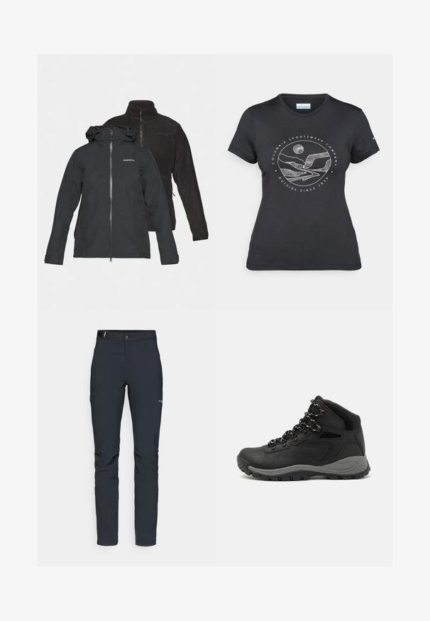 Jachetă neagră impermeabilă cu glugă atașată, fermoar frontal și logo. În spate, o jachetă fleece neagră cu guler înalt și buzunare laterale.; Tricou negru Columbia cu artă liniară albă circulară reprezentând munți și un râu, împreună cu textul "Columbia Sportswear Company Afară din 1938."; Pantaloni de exterior pentru bărbați, gri închis, fabricați dintr-un material flexibil, cu un brâu, buzunare cu fermoar și cusături consolidate.; Botă de drumeție neagră cu un design mediu, având un material texturat, accente gri și o talpă din cauciuc durabilă cu crampoane pentru aderență.