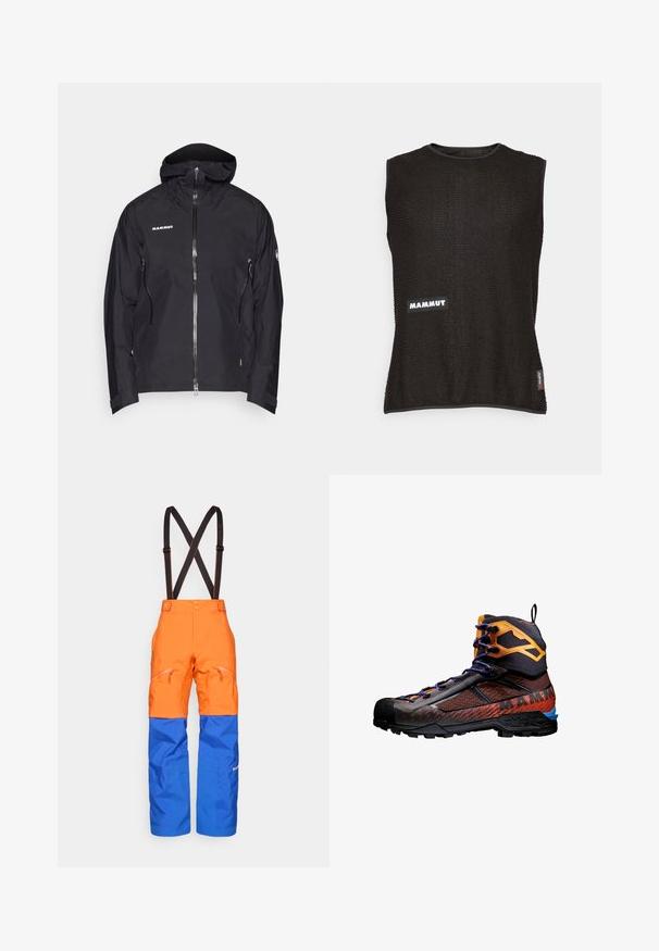 Sort udendørs jakke med lynlås foran, justerbar hætte og to sidelommer med lynlås. Fremstillet af vandtæt materiale med et minimalistisk design.; Ærmeløs sort top med tekstureret materiale, der har et hvidt "Mammut" logo og et lille rødt accentmærke på siden, rund halsudskæring.; Orange og blå vandtætte bukser med sorte justerbare seler, frontlomme med lynlås og forstærkede knæpaneler til udendørs aktiviteter.; Sort og orange vandrestøvle lavet af mesh og gummimaterialer. Har blå accenter, teksturerede mønstre og en høj ankeludformning for støtte.