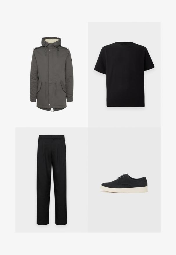 Sivá kapucňa s umelým kožušinovým podšívkou, sťahovacím pásom v páse, vreckami na nášivky a patentným zatváraním. Má nastaviteľnú kapucňu a akcenty na pleciach.; Čierne tričko s krátkym rukávom vyrobené z textúrovanej látky, s okrúhlym výstrihom a voľným strihom. Jednoduché, bez vzorov alebo akcentov.; Čierne nohavice vyrobené z hladkej tkaniny, s rovnými nohavicami, dvoma prednými skladmi a štandardným pásom s pútkami na opasok.; Čierne semišové šnurovacie topánky s okrúhlou špičkou, ľahkou krémovou podrážkou a jemnými modrými švy na vrchu.