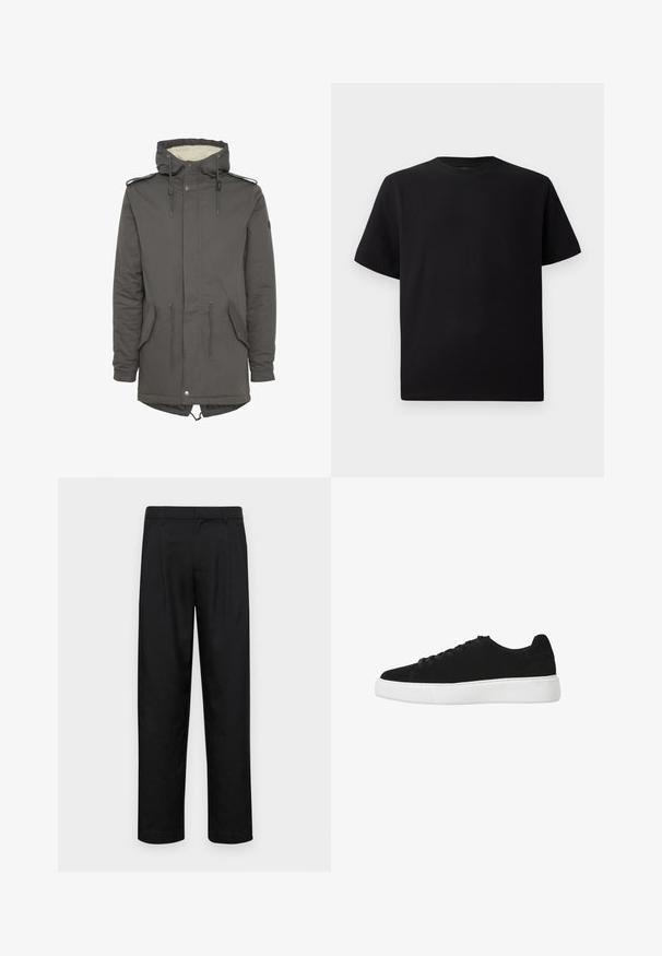 Sivá kapucňa s umelým kožušinovým podšívkou, sťahovacím pásom v páse, vreckami na nášivky a patentným zatváraním. Má nastaviteľnú kapucňu a akcenty na pleciach.; Čierne tričko s krátkym rukávom vyrobené z textúrovanej látky, s okrúhlym výstrihom a voľným strihom. Jednoduché, bez vzorov alebo akcentov.; Čierne nohavice vyrobené z hladkej tkaniny, s rovnými nohavicami, dvoma prednými skladmi a štandardným pásom s pútkami na opasok.; Čierne semišové tenisky s okrúhlou špičkou, šnurovaním vpredu a bielou gumovou podrážkou. Jednoduchý dizajn s minimálnymi akcentmi a hladkou textúrou.