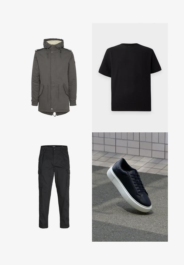 Gray hooded parka with a faux fur lining, drawstring waist, patch pockets, and snap closure. Features adjustable hood and shoulder accents.; Black short-sleeve T-shirt made of textured fabric, featuring a round neckline and a relaxed fit. Simple, no patterns or accents.; Black cargo pants made of sturdy fabric, featuring multiple pockets, a button closure, and a slim fit design with tapered legs.; Black leather sneaker with rounded toe and white rubber sole. Features flat laces and minimal stitching on the upper. Textured sole for grip.