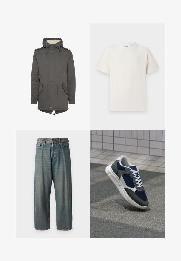 Sivá kapucňa s umelým kožušinovým podšívkou, sťahovacím pásom v páse, vreckami na nášivky a patentným zatváraním. Má nastaviteľnú kapucňu a akcenty na pleciach.; Biela krátka tričko s krátkym rukávom so žebrovanou textúrou. Okrúhly výstrih, uvoľnený strih, žiadne viditeľné vzory ani akcenty. Jednoduchý a všestranný dizajn.; Svetlomodré denimové nohavice so voľným strihom, stredne vysokým pásom a rovnými nohavicami. Obsahujú päť vreciek, pútka na opasok a zapínanie na gombík.; Tenisky s sieťovinou v námorníckej modrej farbe, so sivými semišovými detailmi, bielou gumovou podrážkou a plochými bielymi šnúrkami, navrhnuté pre pohodlie a priedušnosť.