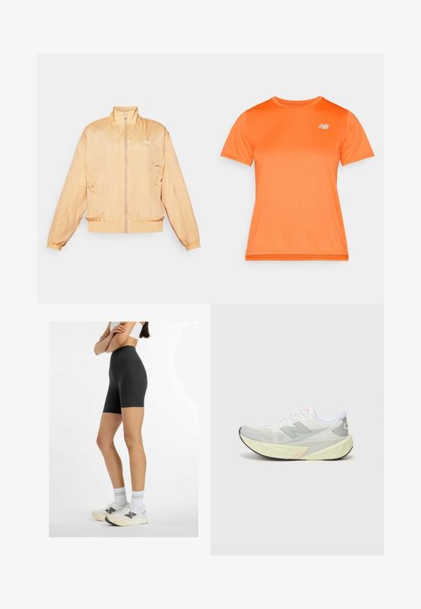 Chaqueta ligera de color melocotón con cuello alto, cremallera frontal, puños elásticos y dobladillo ajustado. Presenta un logo blanco en el lado izquierdo del pecho.; Camiseta deportiva de manga corta en un brillante color naranja, fabricada en un tejido ligero con un acabado texturizado. Presenta un pequeño logo blanco en el pecho.; Mujer con pantalones cortos de ciclista de tiro alto negros, sujetador deportivo blanco, calcetines blancos y zapatillas blancas, de pie con los brazos cruzados sobre un fondo blanco.; Zapatilla de running ligera con una parte superior de malla gris y blanca, un prominente logo 'N' y una suela intermedia amarilla con acentos angulados. Suela exterior negra.