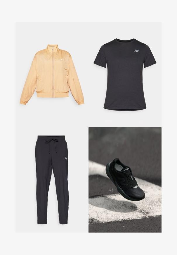 Jaqueta leve, de cor pêssego, com colarinho alto, fecho frontal, punhos elásticos e barra canelada. Apresenta um logótipo branco no lado esquerdo do peito.; T-shirt preta de manga curta feita de tecido suave, com um pequeno logótipo cinza da New Balance no canto superior esquerdo do peito, design clássico de decote redondo.; Calças de corrida pretas feitas de material leve, com cintura elástica e cordão ajustável. Apresenta um pequeno logotipo na lateral.; Sapatilha de corrida preta com um cabedal texturizado, design elegante e detalhes reflexivos. Apresenta uma sola macia e acolchoada para maior conforto.
