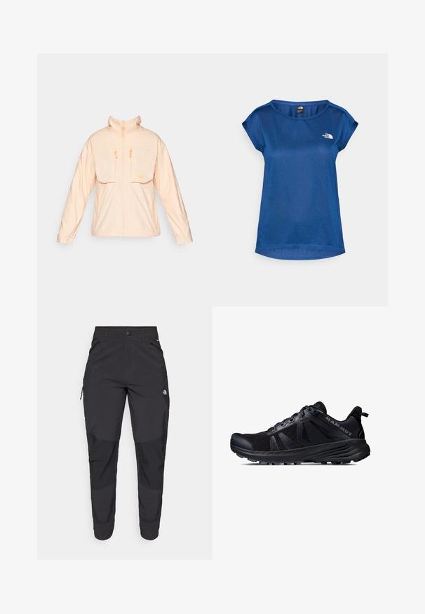 Giacca color pesca con colletto alto, due tasche frontali e chiusura con zip. Presenta polsini elasticizzati e una texture liscia e leggera.; The North Face TANKEN TANK - T-Shirt sport - estate blue/light heather; Pantaloni neri da esterno realizzati in tessuto durevole. Presentano tasche con zip, pannelli rinforzati sulle ginocchia e un design a taglio dritto per la massima mobilità.; Scarpe da trail running nere con tomaia in rete e suola in gomma. Presentano sovrapposizioni testurizzate, punta rinforzata e logo del marchio sul tallone.