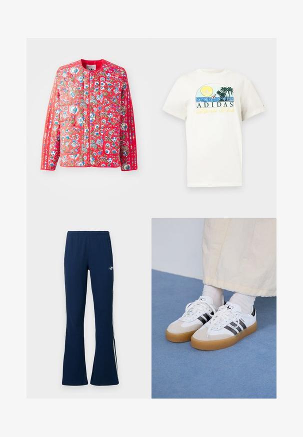 Rød quiltet jakke med blomstermønster i blått, grønt og hvitt, med rund hals, to frontlommer og kontrasterende kanter.; Hvit bomulls t-skjorte med grafisk design som viser en sol, palmer og vann. "ADIDAS Sports Club" trykket i grønt og gult.; Marineblå ribbestrikkede vide treningsbukser med hvite side-striper og en brodert logo på venstre side, med to sidelommer.; Hvite sneakers med svarte striper og beige semsket skinn-detaljer. Har en teksturert gummisåle og flate hvite snører, brukt med lyse sokker.