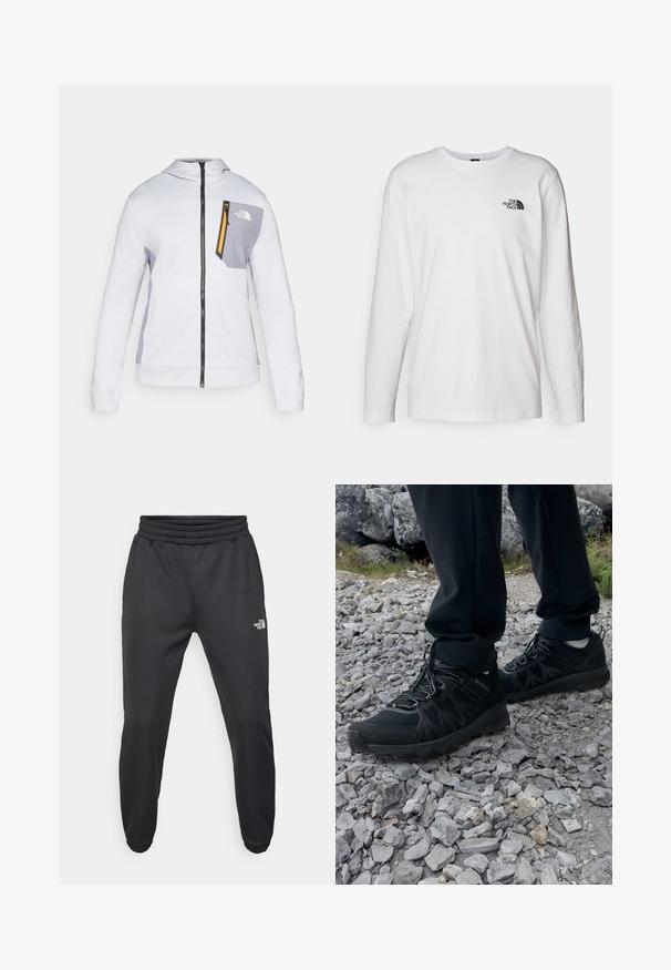 Biała bluza z kapturem z szarymi akcentami, zamek błyskawiczny z przodu oraz kieszonka na lewym piersi, z żółtym uchwytem do zamka. Miękka tekstura materiału.; Biała koszulka z długim rękawem wykonana z bawełny, z okrągłym dekoltem. Posiada małe czarne logo na piersi. Gładka faktura, regularny krój.; Czarne dresy z elastycznym paskiem w talii, zwężanym krojem, elastycznymi mankietami i małym białym logo na lewej udzie, wykonane z gładkiego materiału.; Czarne buty outdoorowe wykonane z siateczki i materiału syntetycznego, z fakturowaną cholewką, zabezpieczonym systemem sznurowania i solidną podeszwą, na skalistym terenie.