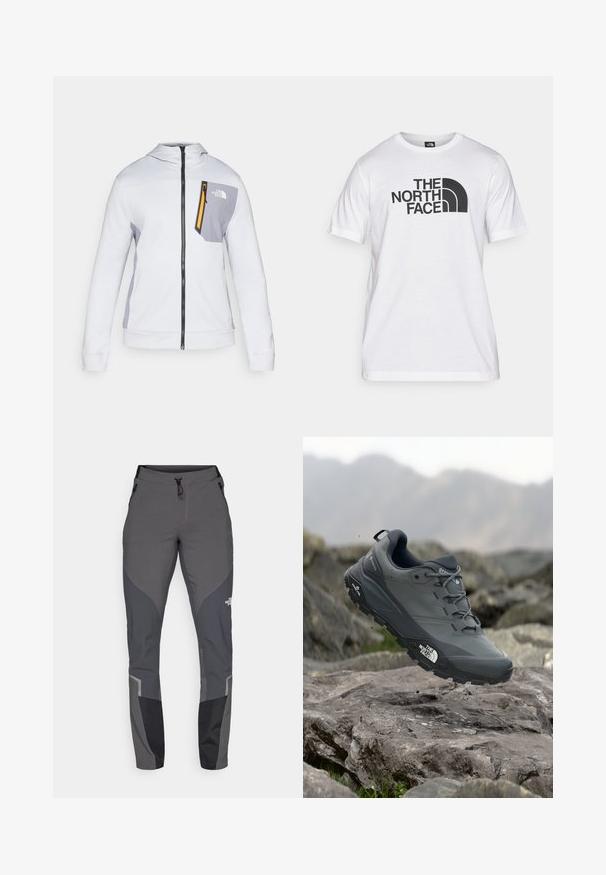 Valge kapuutsiga sviiter hallide detailidega, esi lukuga ja vasakul rinnataskul, millel on kollane lukk. Pehme kangatunne.; Valge puuvillane T-särk, millel on must graafiline trükk koos tekstiga ja kaarekujundusega logo. Ümmargune kaelus ja lühikesed varrukad. Ükslaineline tekstuur.; Hallkonnad hallid matkapaid, millel on kitsenev disain, mitmed taskud ja kontrastsed tumedat halli ning musta aktsendid. Valmistatud paindlikust ja vastupidavast materjalist.; Hallhalli jooksukingad halli värvi, tekstureeritud ülemise osaga, vastupidava kummist tallaga ja tugevdatud varvaste kattega. Omab paelu ja kaubamärgi logo küljel.