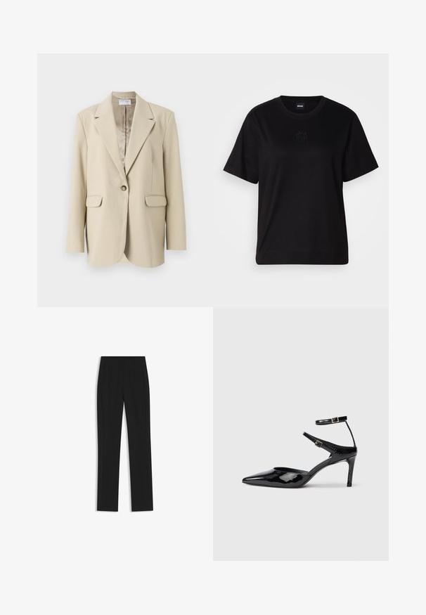 Beige structured blazer with a notched lapel, single button closure, two front pockets, and smooth satin lining. Regular fit.; Black cotton t-shirt with a crew neckline, short sleeves, and an embroidered logo on the chest. Simple, relaxed fit with no patterns.; Black tailored trousers with a straight-leg design, featuring front pockets and a smooth, textured fabric. Neat, minimal detailing.; Black patent leather heels with a pointed toe, adjustable ankle straps, and a slender heel. Smooth texture with a shiny finish.