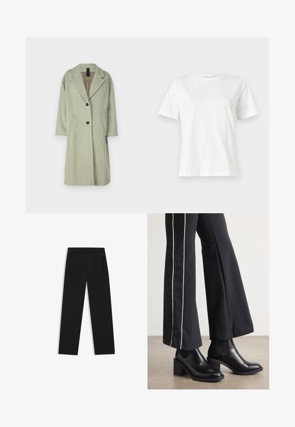 Lichtgroene wollen blended jas met een notch revers, driekwart mouwen, twee voorzakken en een enkele knoopsluiting.; Witte katoenen t-shirt met korte mouwen, ronde halslijn en een ontspannen pasvorm. Gladde textuur, geen patronen of accenten, minimalistisch ontwerp.; Zwarte wijde broek van gladde stof, met zijzakken en een vlakke tailleband voor een gestroomlijnde uitstraling.; Zwarte leren enkellaarzen met een blokhak, voorzien van elastische zijpanelen. Gecombineerd met zwarte broeken met een witte zijstreep.