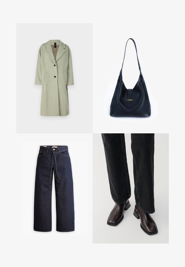Abrigo de mezcla de lana verde claro con solapa muesca, mangas de tres cuartos, dos bolsillos frontales y cierre de un botón.; Top de cuello alto de manga larga en color azul marino. Fabricado con una tela suave y de textura lisa. Presenta un diseño ajustado y un cuello alto sin costuras visibles.; Jeans de mezclilla oscuros de pierna ancha con cintura alta, que cuentan con un lazo ajustable, cinco bolsillos y detalles de costura en contraste.; Botas de cuero marrón hasta el tobillo con punta cuadrada y tacón bloque, combinadas con vaqueros negros de pierna ancha. Textura suave y diseño minimalista.; Bolso de mano de cuero negro con un diseño suave y flexible. Presenta una correa plana y un cierre central adornado con un acento dorado.