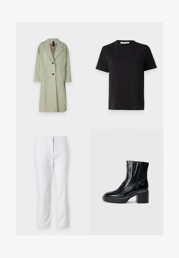Jasnozielony płaszcz z mieszanki wełny z wysuniętym kołnierzykiem, rękawami o długości trzech ćwiartek, dwoma przednimi kieszeniami i jednym zapięciem na guzik.; Czarny t-shirt z krótkim rękawem wykonany z miękkiej bawełny, z okrągłym dekoltem, luźnym krojem i gładką fakturą. Bez widocznych wzorów ani grafik.; Białe bawełniane spodnie o prostym kroju nogawki, z średnim stanem, bez widocznych elementów metalowych czy wzorów. Gładka tekstura na całej powierzchni.; Czarne lakierowane botki za kostkę z zaokrąglonym noskiem, elastycznymi panelami bocznymi i masywnym obcasem blokowym. Posiadają wytłoczone logo z tyłu.