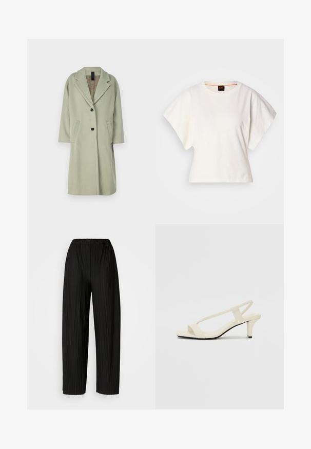 Light green wool blend coat with a notched lapel, three-quarter sleeves, two front pockets, and a single button closure.; White cropped T-shirt, short wide sleeves, soft cotton material, round neckline with subtle orange trim, minimal design, no patterns or graphics.; Black pleated wide-leg pants with an elastic waistband. The fabric features vertical pleats and a smooth texture.; Beige block-heeled sandals with thin straps and a square toe. Smooth material with minimal detailing, designed for easy wear.