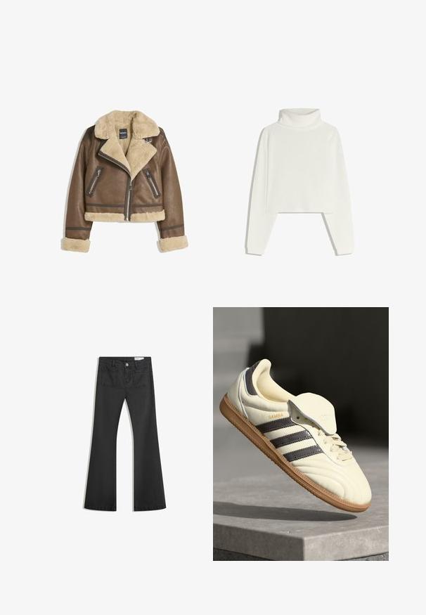 Hnědá kožená bunda s krémovým umělým ovčím kožíškem, široký límec, zkrácený střih a dvě přední kapsy na zip s kontrastními akcenty.; Bílý žebrovaný rolák s dlouhými rukávy, zkráceným střihem a měkkou texturou. Obsahuje vysoký, strukturovaný límec a přiléhavé manžety.; Černé rozšířené džíny vyrobené z jemného džínsového materiálu, se dvěma zadními kapsami a zapínáním na knoflík v pase.; Krémové kožené tenisky se třemi tmavými pruhy, hnědou gumovou podrážkou a zaoblenou špičkou. Mají skládací jazyk s nápisem "SAMBA."