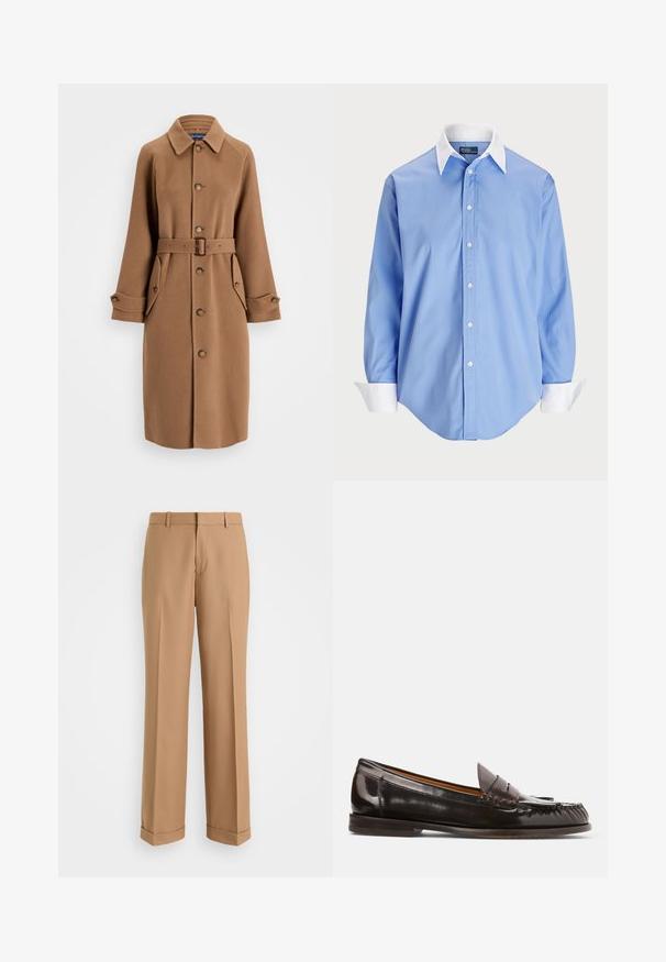 Barna gyapjúkeverék kabát, gallérral, gombos elülső résszel, két nagy oldalzsebbel és hozzáillő övvel. Hosszú ujjakkal, gombos mandzsettával rendelkezik.; Világoskék, hosszú ujjú ing, fehér, kontrasztos gallérral. Simább textúrával és öt elülső gombbal rendelkezik.; Beige színű, egyenes szárú, szabott nadrág puha anyagból, elülső hajtással és felhajtott szegéllyel.; Polo Ralph Lauren ASHTYN FRINGE TRIM CALFSKIN LOAFER - Belebújós cipők - ebano/tobacco
